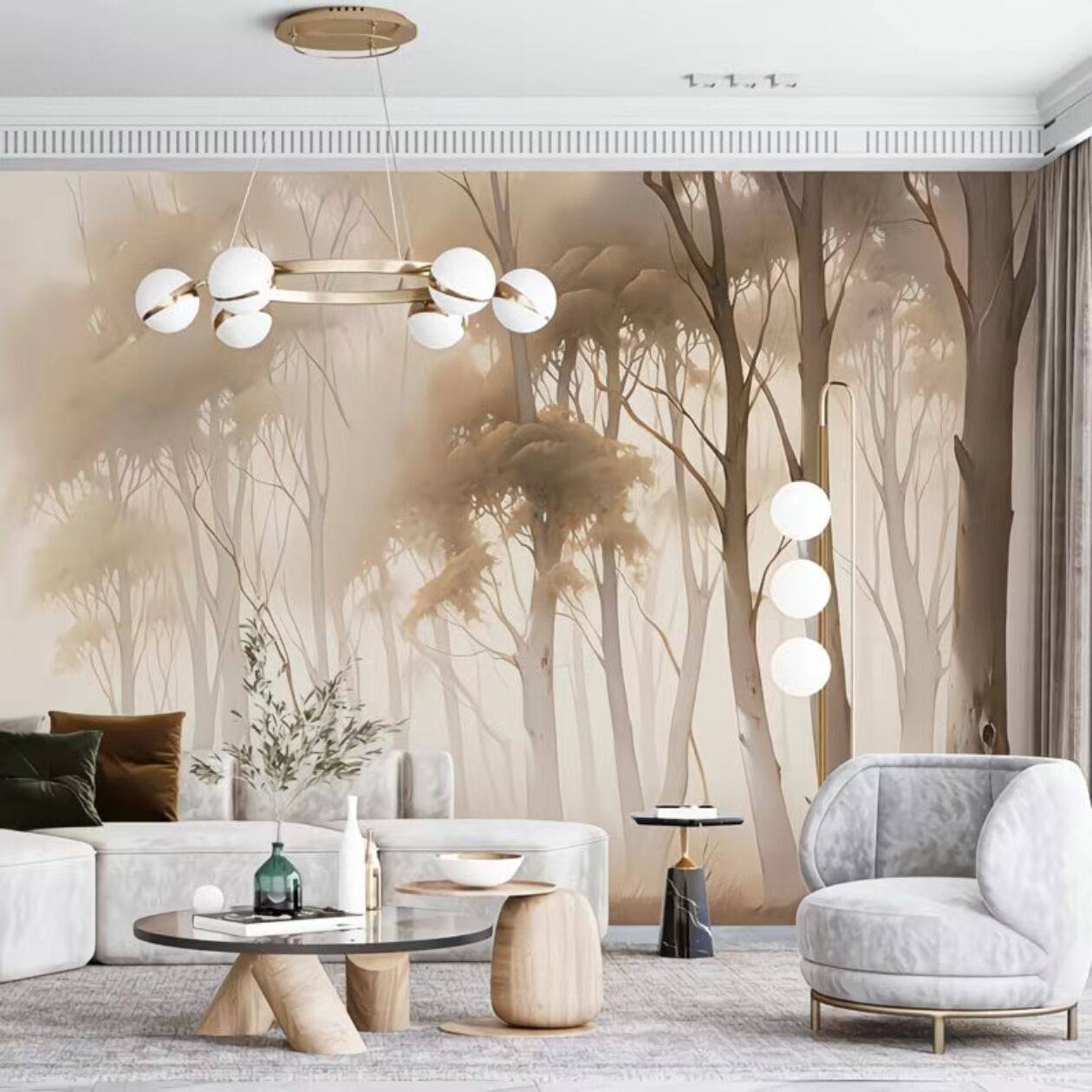 卧室港式暖色壁纸抽象客厅电视背景墙壁布北欧风森林墙纸壁画墙布