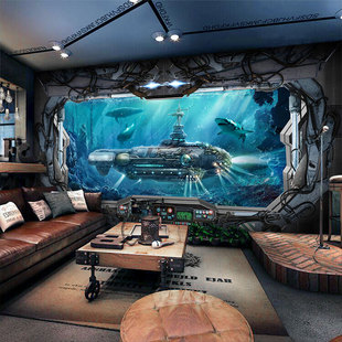 海洋风格壁画主题装修背景墙纸海底世界科幻太空舱科技感装饰壁纸