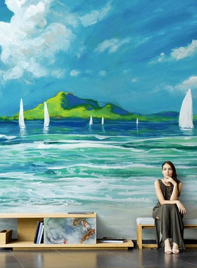 浪漫海景海滩风景电视背景墙壁纸客厅卧室沙发墙装饰壁画蓝色墙纸