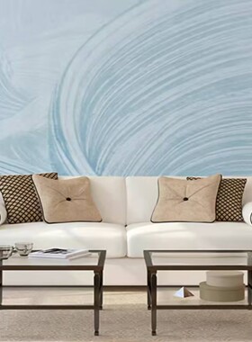 手绘艺术蓝色波浪壁纸壁布简约卧室壁画定制壁布