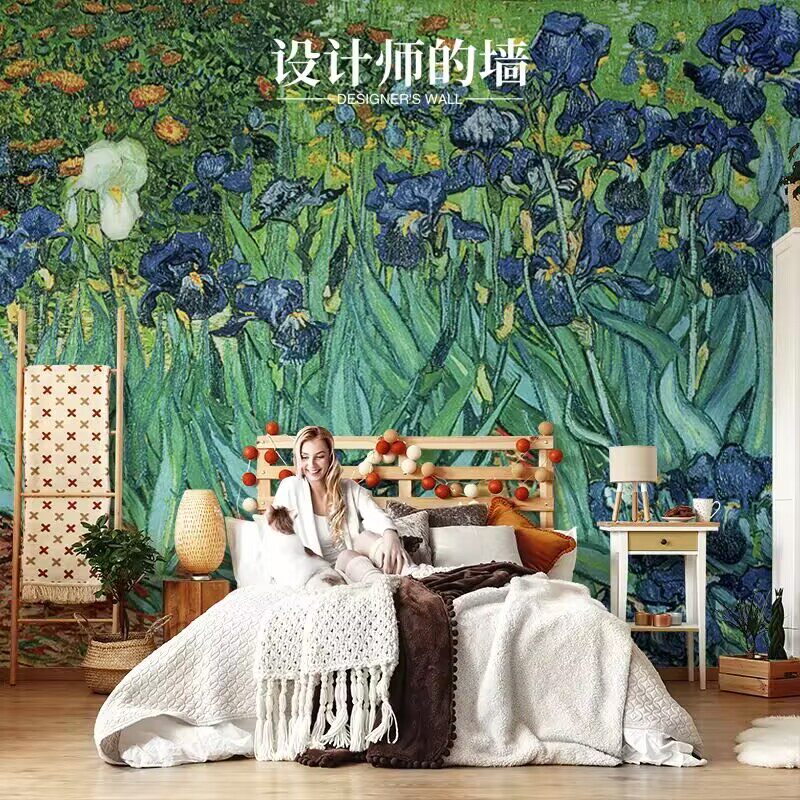 梵高手绘油画电视机背景墙壁纸兰花高端壁画高级感背景布墙纸墙布