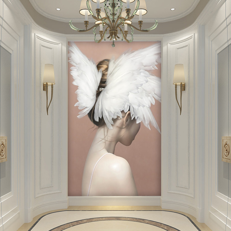 轻奢简约现代玄关过道背景墙壁纸抽象走廊装饰画油画艺术竖版墙布