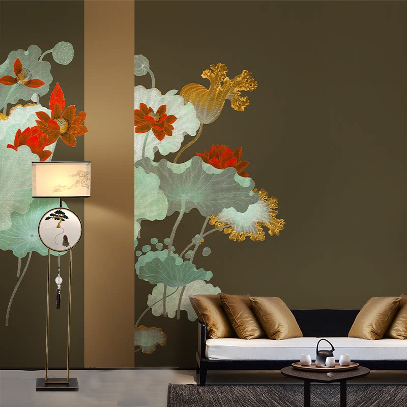 现代中式意境轻奢荷花客厅背景墙纸壁布书房卧室防潮环保定制壁画