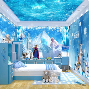 卡通冰雪奇缘儿童房女孩卧室墙纸公主房间装饰雪融容背景墙布壁纸