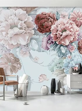 北欧简约手绘花卉墙布蓝色复古花瓣壁纸无缝壁画电视沙发背景墙布
