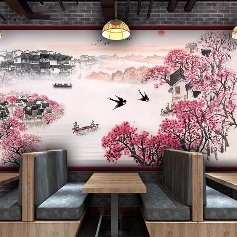 中式水墨山水画江南水乡背景墙壁纸书房餐厅饭店定制装饰墙纸壁画