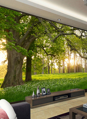 无缝5d自然风景绿色森林壁画8d电视背景墙纸客厅沙发影视墙布大树