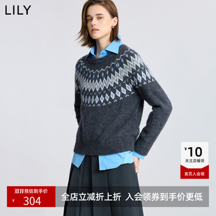 LILY新款含羊毛羊驼毛兔毛复古费尔岛提花圆领针织衫毛衣女