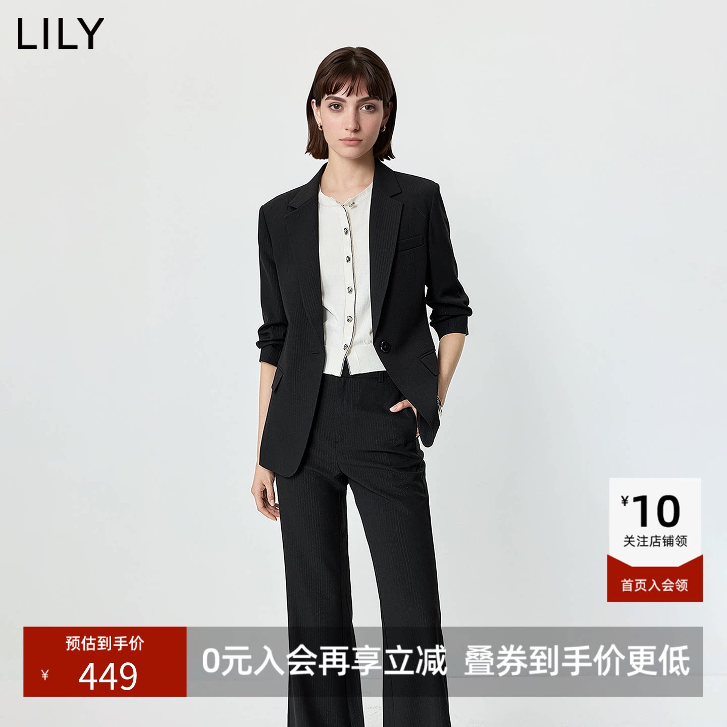 ~LILY2026夏新款复古竖条纹驳领七分袖修身收腰西装外套女西服