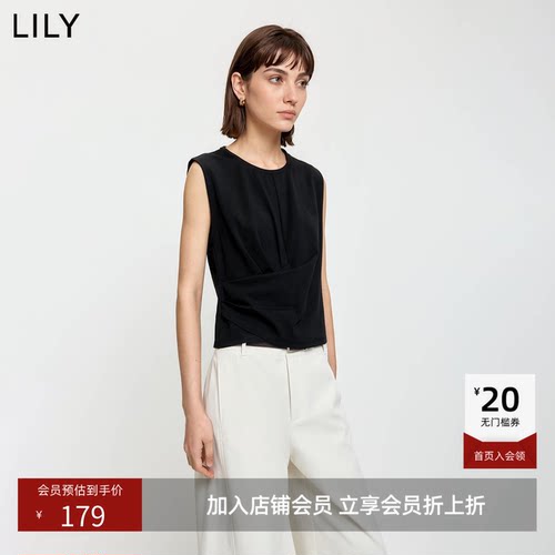 ~LILY2026夏新款女装复古宽肩无袖圆领收腰黑色T恤女上衣内搭短款