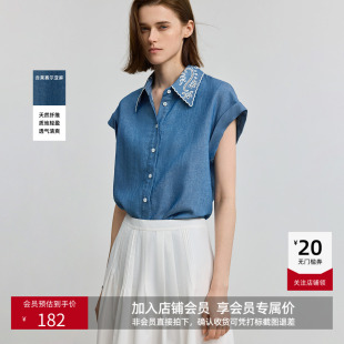 外套女 牛仔衬衫 LILY夏新款 含莱赛尔亚麻复古镂空绣花休闲短袖