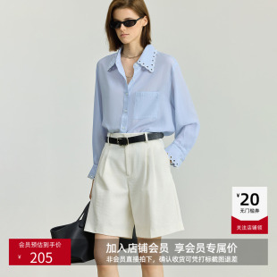 外套 莱赛尔亚麻镂空花边翻领休闲通勤蓝色衬衫 LILY秋新款 女装
