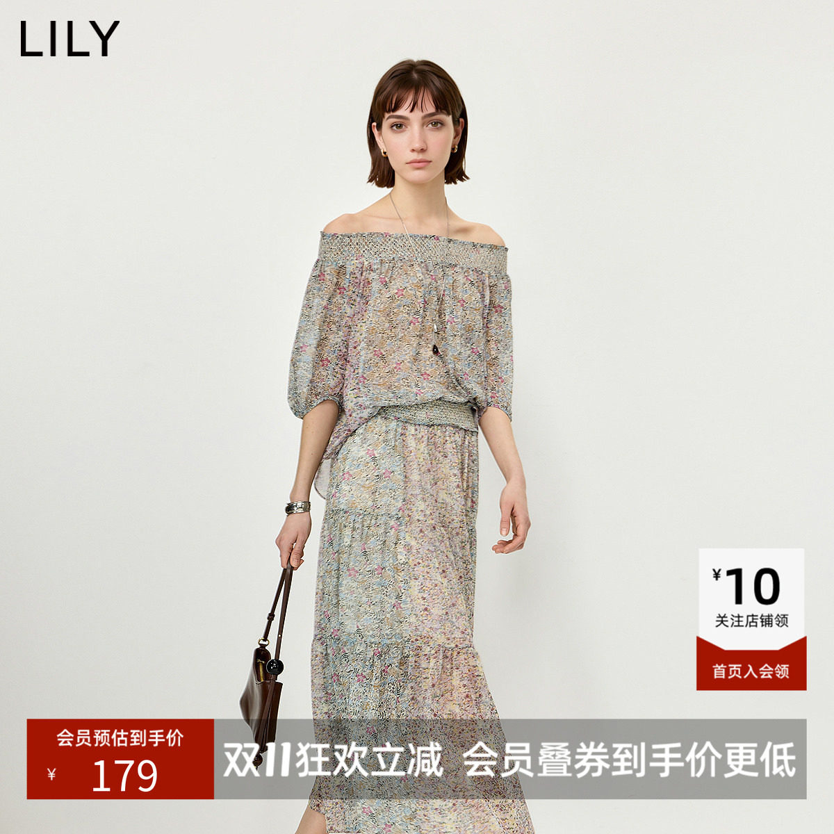 LILY2026夏新款女装复古小碎花一字肩宽松休闲气质通勤套头雪纺衫
