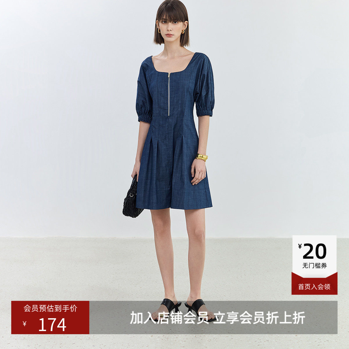 LILY夏款女装气质复古方领连衣裙中长款小个子
