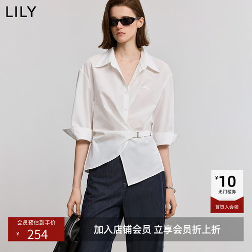 LILY2026夏新款女装简约休闲落肩七分袖腰带收腰通勤薄款衬衫外套