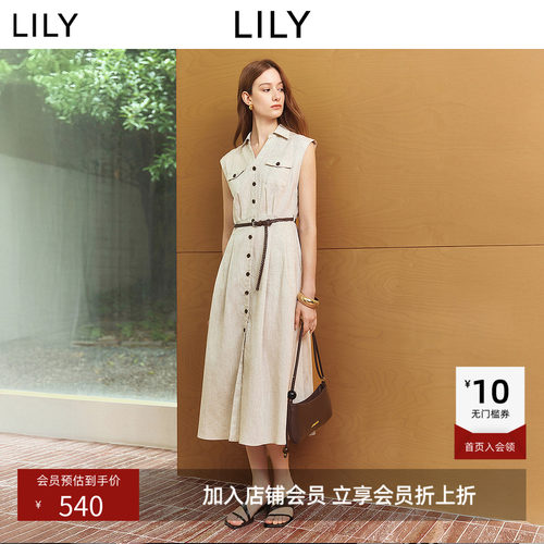 LILY2026夏新款女装莱赛尔亚麻混纺西装领收腰通勤无袖工装连衣裙
