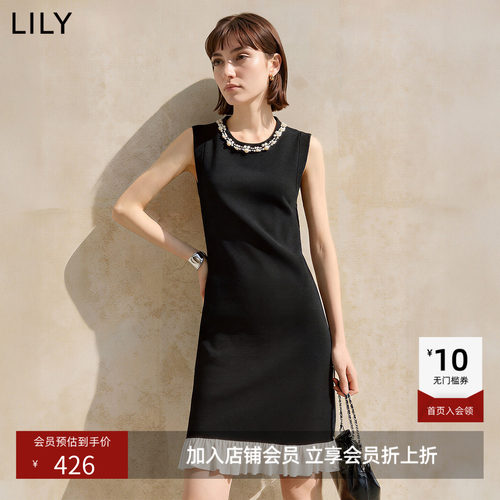 ~LILY2026夏新款女装复古经典圆领钉珠撞色通勤黑色无袖连衣裙