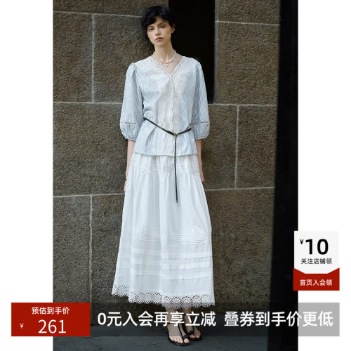 LILY夏新款女装全棉百搭通勤气质镂空高腰A字半身裙小白裙