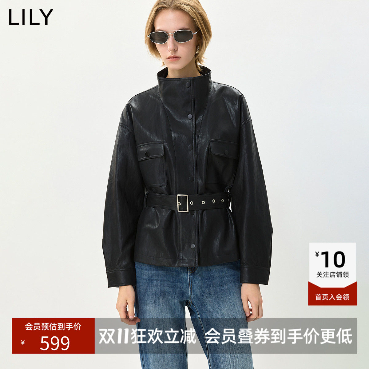 LILY2026秋新款复古落肩宽松廓形休闲通勤腰带深色长袖夹克外套女