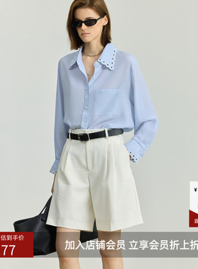 LILY新款女装莱赛尔亚麻镂空花边翻领休闲通勤蓝色衬衫外套