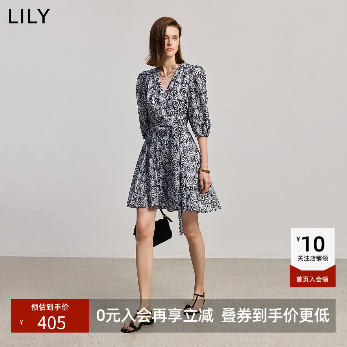 【商场同款】LILY夏新款莱赛尔混纺重工贝壳绣花收腰连衣裙女