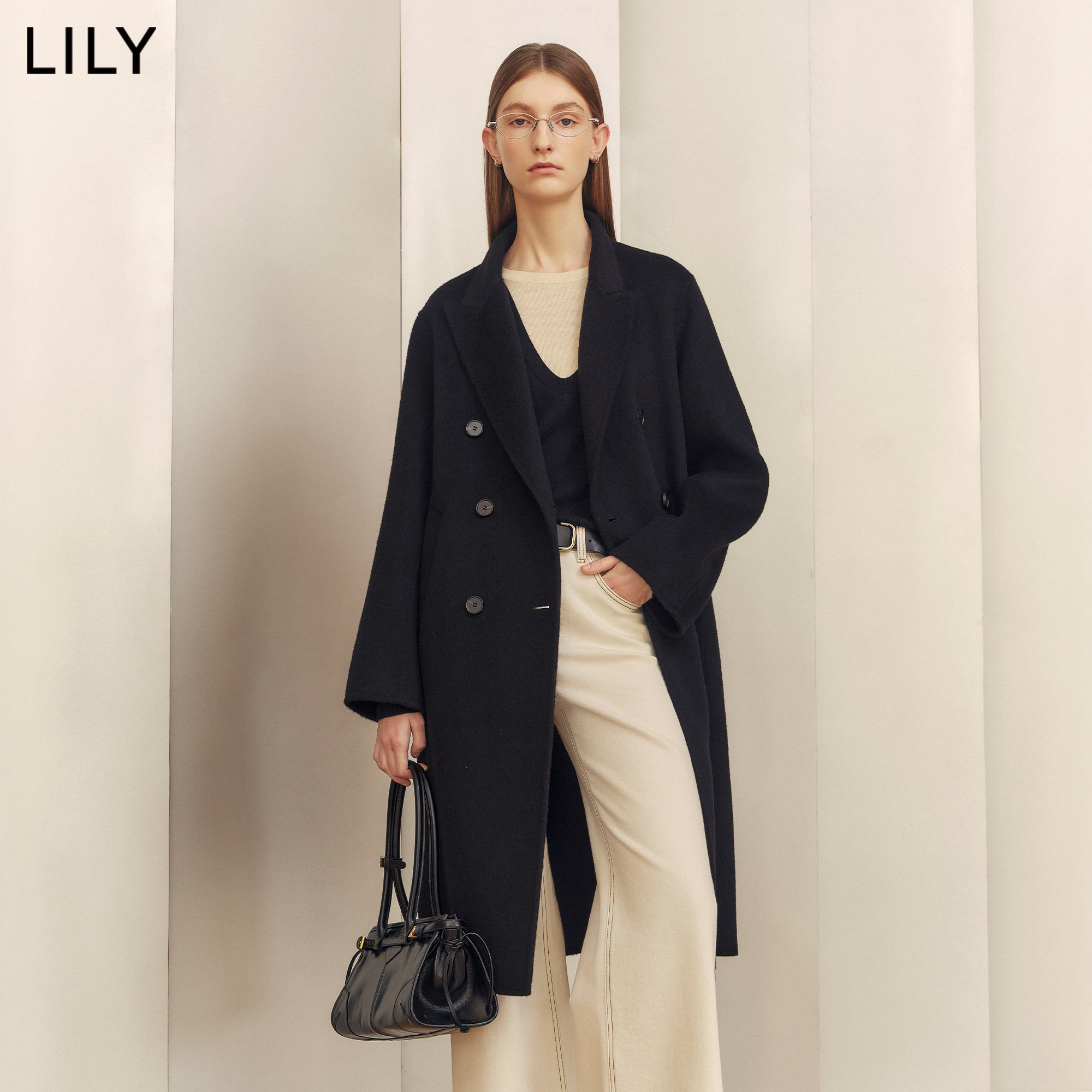 100%羊毛LILY2026冬新款复古西装领廓形毛呢外套长款双面呢大衣女