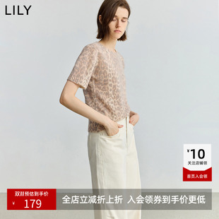 【商场同款】LILY秋新款女装羊毛混纺豹纹修身短袖针织衫上衣