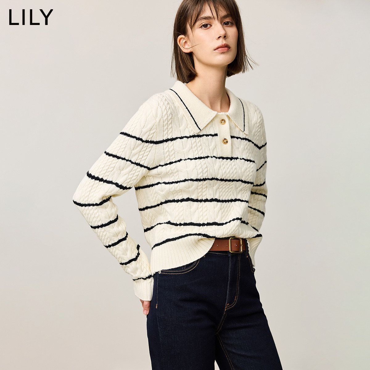 LILY2026冬新款绞花肌理撞色条纹休闲百搭POLO领针织衫毛衣女短款
