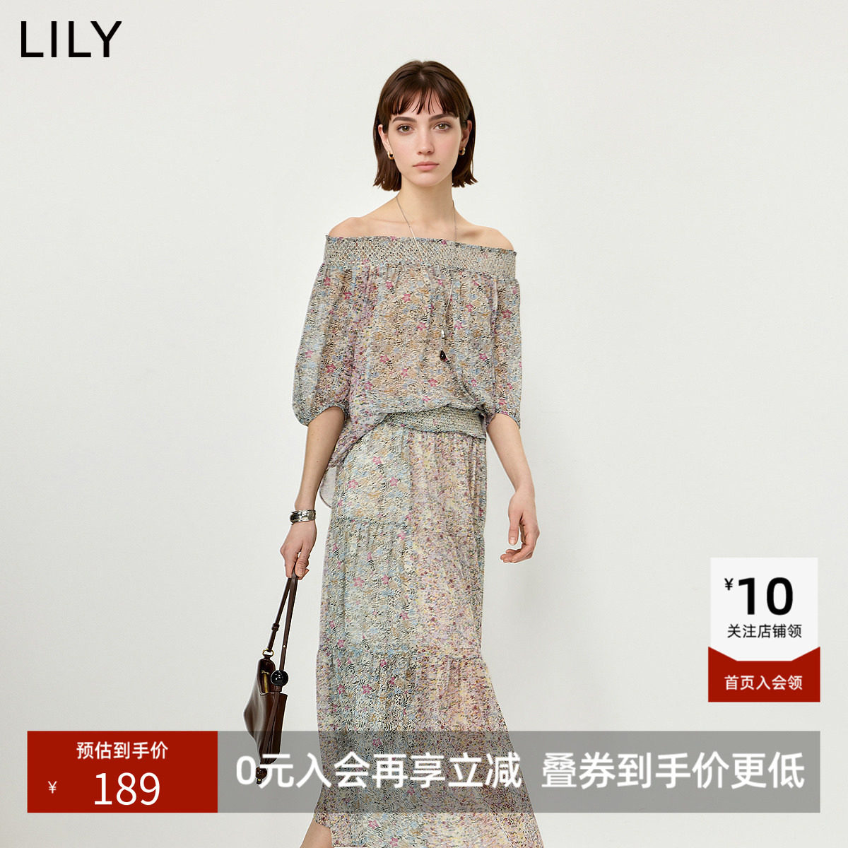 LILY2026夏新款女装复古小碎花一字肩宽松休闲气质通勤套头雪纺衫