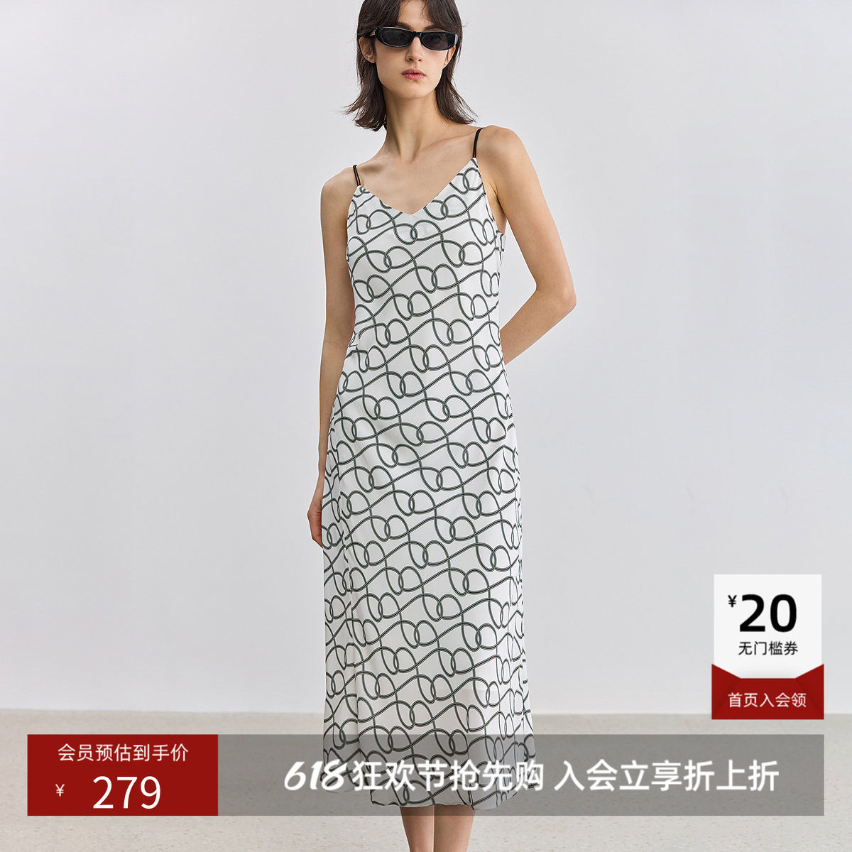 【商场同款】LILY夏新款女装复古老花休闲斜裁V领吊带连衣裙