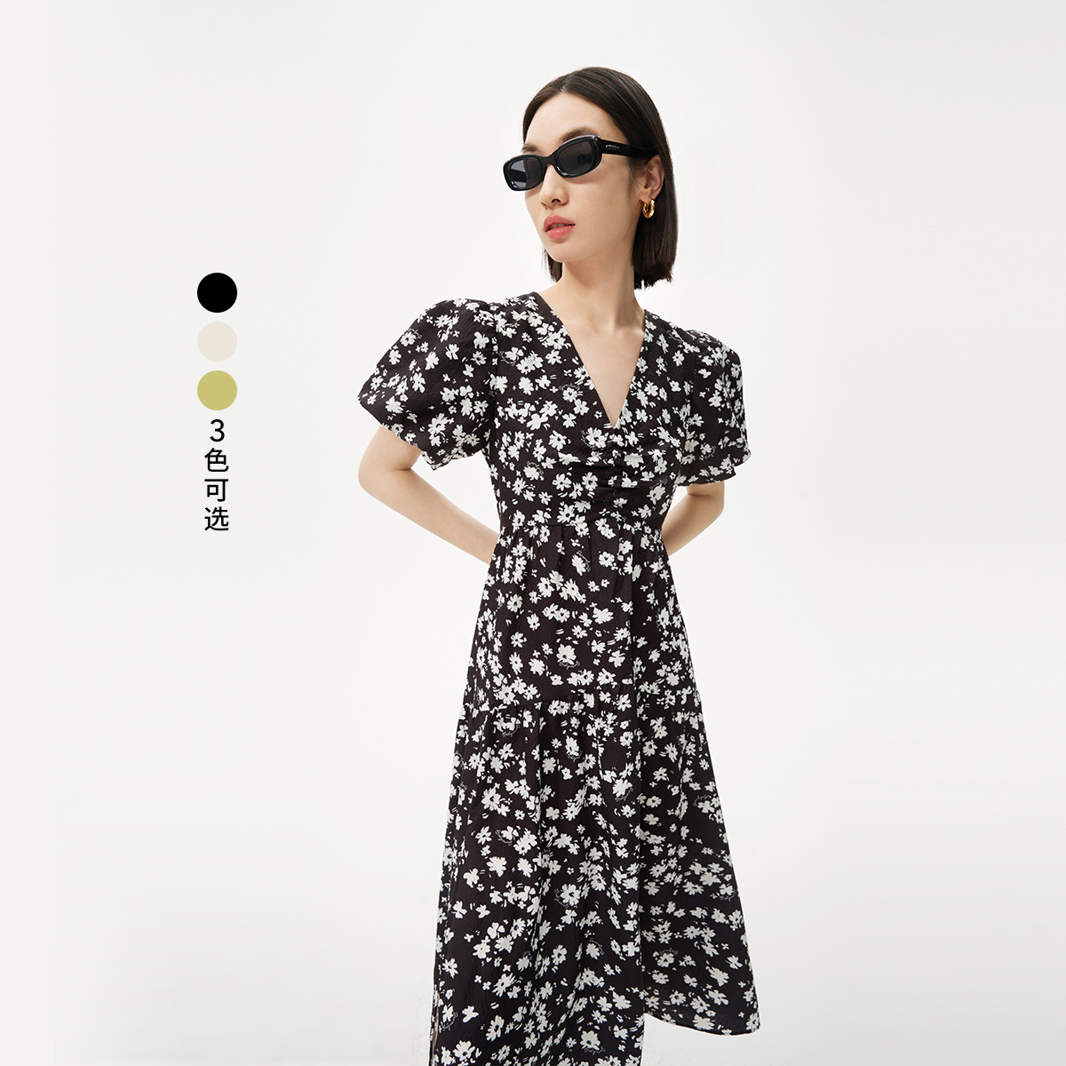 浪漫时尚印花， 慵懒泡泡袖型