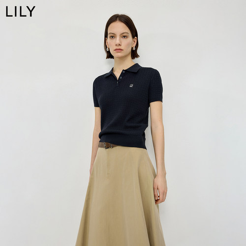 LILY2026夏新款含莱赛尔亚麻简约POLO领休闲通勤短袖针织衫女短款