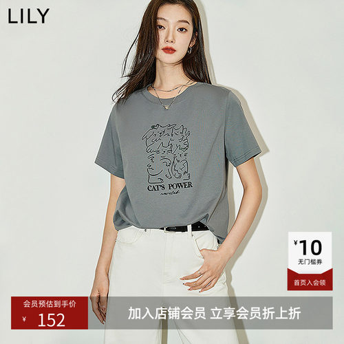 LILY2026夏新款女装复古小猫宽松休闲圆领百搭通勤短袖T恤上衣