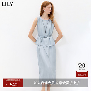 100%醋酸LILY2026夏新款法式假两件收腰气质通勤无袖圆领连衣裙女