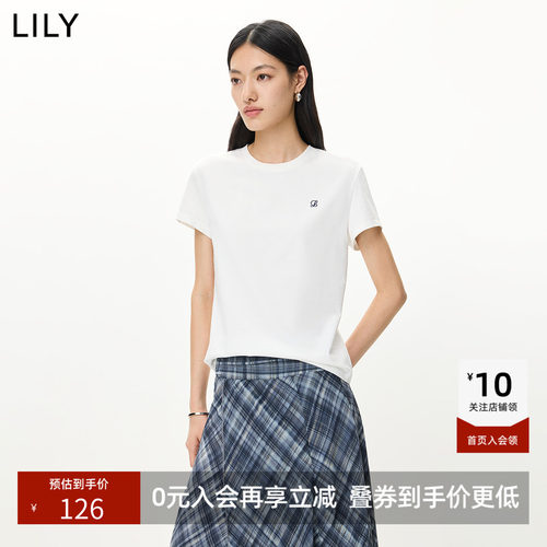 LILY2026夏新款女装简约正肩纯色百搭通勤圆领套头短袖T恤女上衣