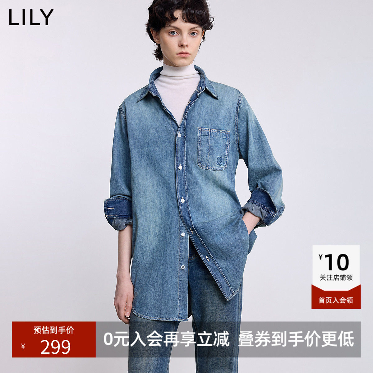 【商场同款】LILY冬新款纯棉复古翻领宽松百搭牛仔衬衫外套女