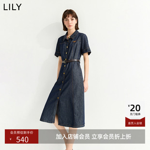 ~LILY2026夏新款女装含莱赛尔醋酸翻领收腰工装牛仔短袖连衣裙