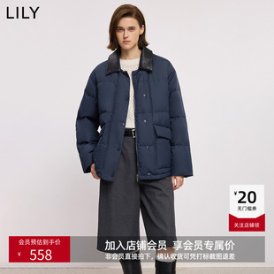 LILY冬新款老钱风拼接翻领90鸭绒泡芙藏青色羽绒服外套女短款
