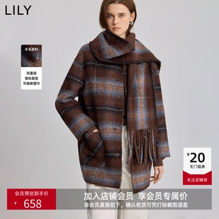 LILY冬新款羊毛羊驼毛混纺学院风格纹含围巾双面呢毛呢外套女