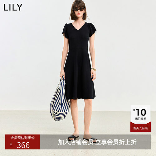 LILY2026夏新款莱赛尔混纺复古V领收腰气质通勤短袖黑色连衣裙女