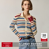 LILY秋新款 外套女短款 复古翻领气质休闲撞色条纹修身 针织开衫