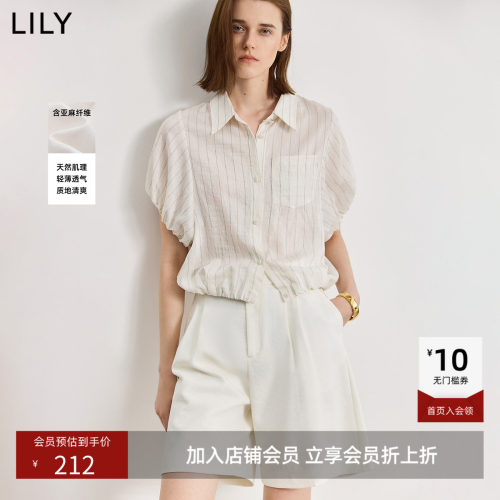 LILY2026夏新款女装含亚麻简约条纹宽松休闲通勤短袖薄款衬衫外套