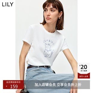 ~LILY2026夏新款简约撞色亮片小猫图案正肩休闲通勤白色短袖T恤女