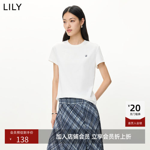 LILY2026夏新款女装简约正肩纯色百搭通勤圆领套头短袖T恤女上衣