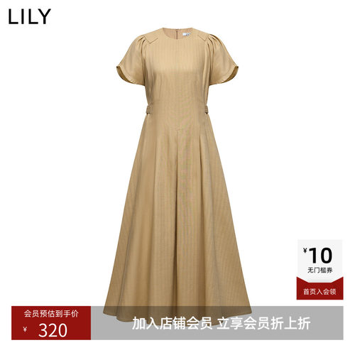 【商场同款】LILY夏莱赛尔亚麻混纺复古纯色圆领短袖连衣裙女