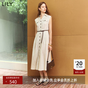 LILY2026夏新款女装莱赛尔亚麻混纺西装领收腰通勤无袖工装连衣裙