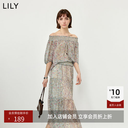 LILY2026夏新款女装复古小碎花一字肩宽松休闲气质通勤套头雪纺衫