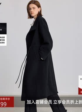 LILY新款女装羊毛桑蚕丝复古抽绳收腰通勤黑色毛呢大衣外套