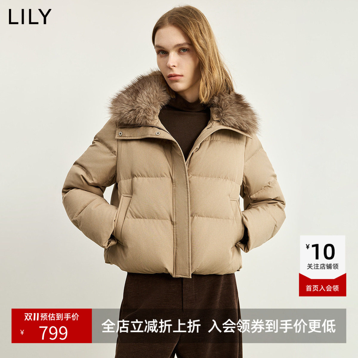 LILY2026冬新款复古毛领90鸭绒宽松休闲通勤短款工装羽绒服外套女