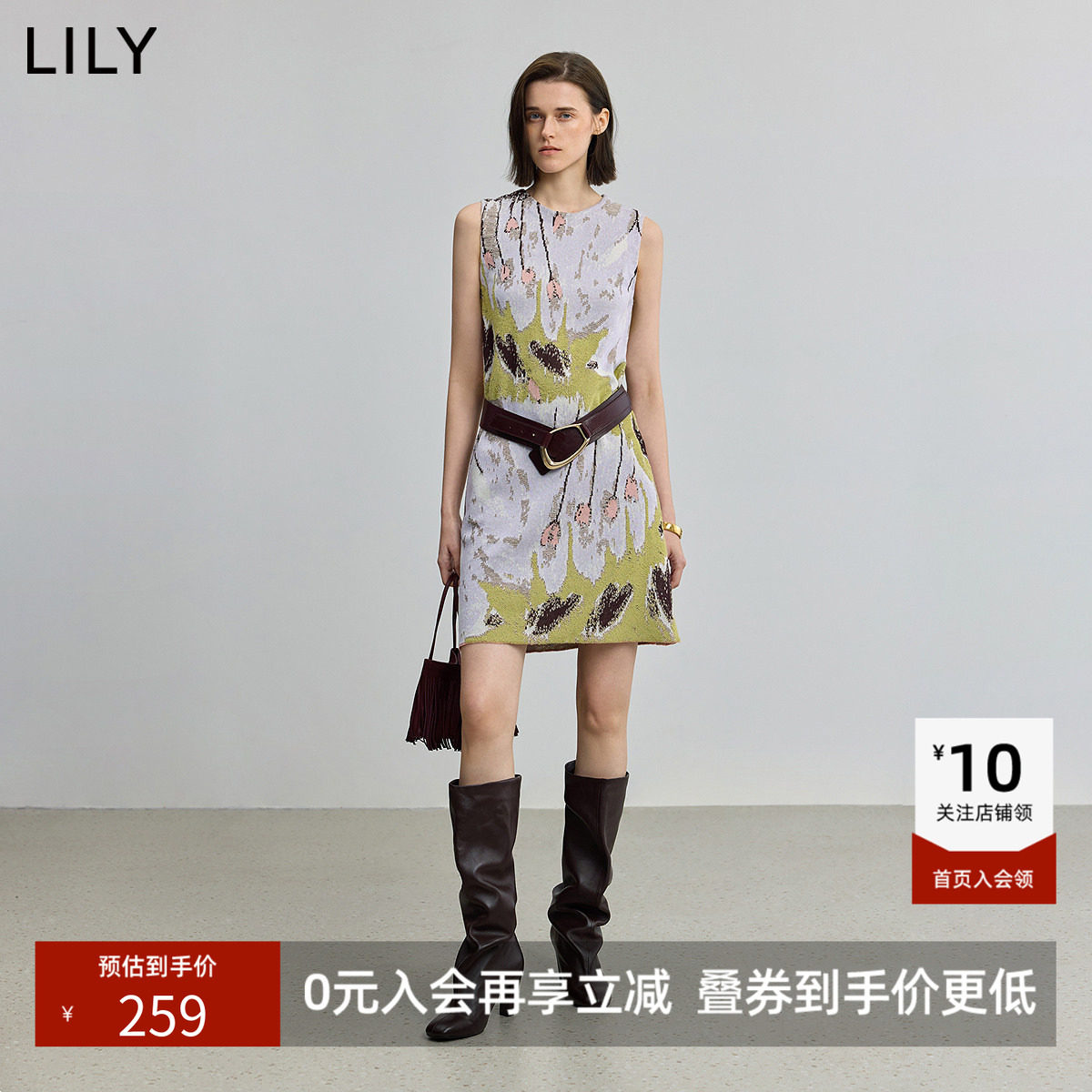 【商场同款】LILY秋新款女装全棉手绘提花休闲无袖圆领连衣裙